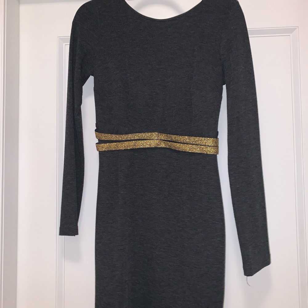Larsen Gray open back jersey dress with gold belt